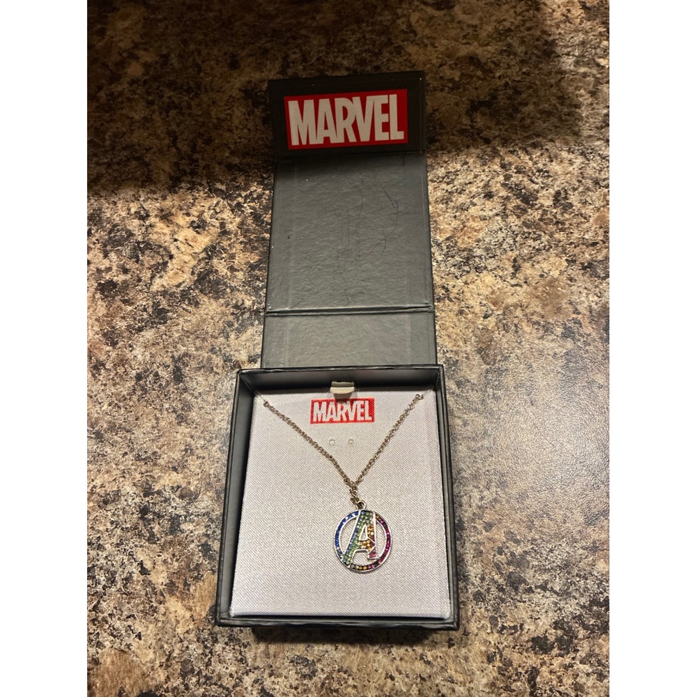 Marvel Avengers Rainbow Rhinestone Logo Pendant Necklace Silver Tone AVGRPNK02WS